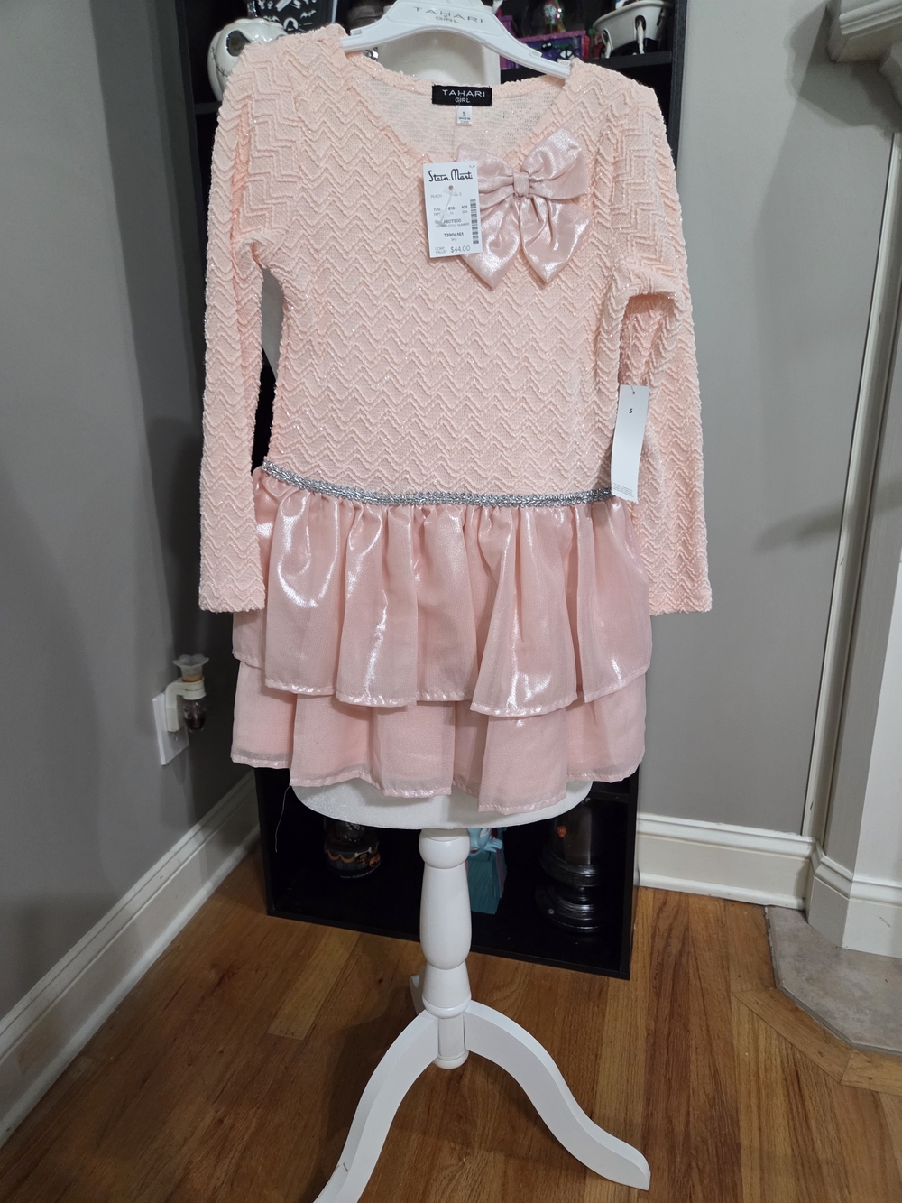 Tahari Girls' Light Pink Layered Satin & Textured Party Dress with Bow